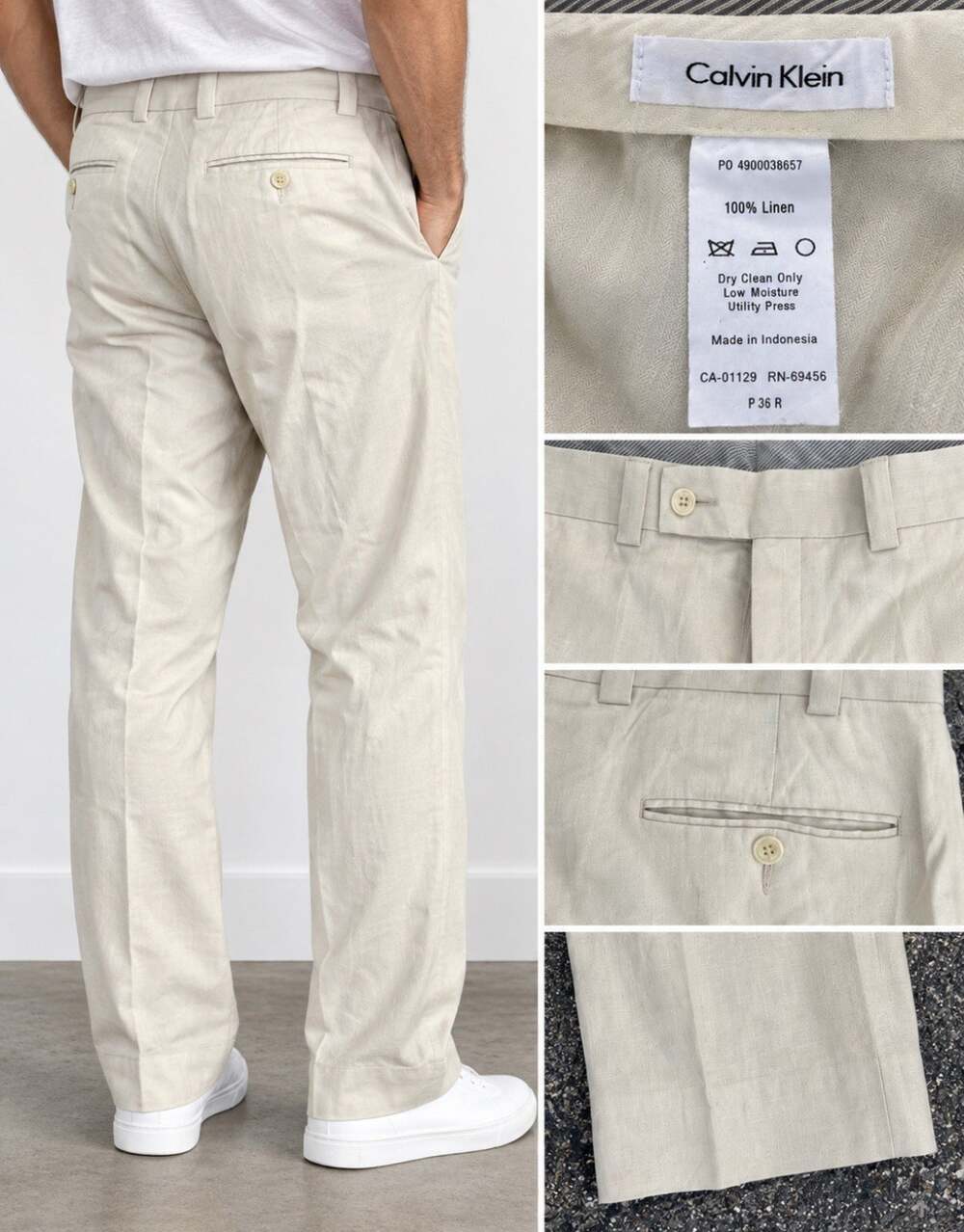Coastal Calvin Klein 100% Linen Flat Front Men's Dress Pants Size 36x28 Beige